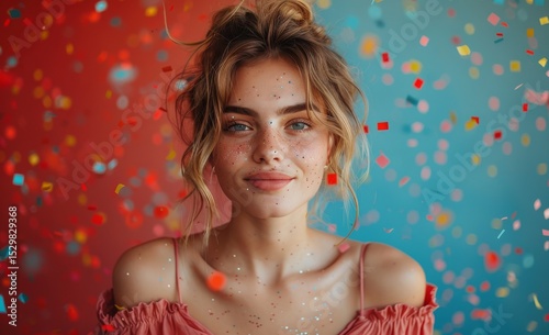 A carefree portrait of a playful young woman surrounded by colorful confetti, capturing the essence of joy, celebration, and the beauty of youth in a vibrant setting.