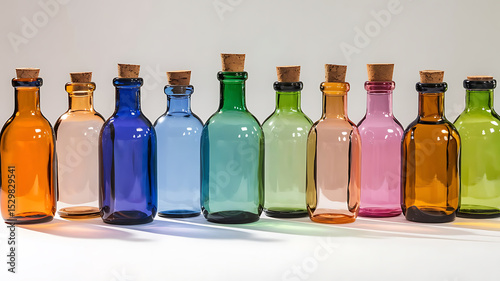 A row of colorful translucent glass bottles with cork stoppers lined up on a white background. Potion or apothecary concept