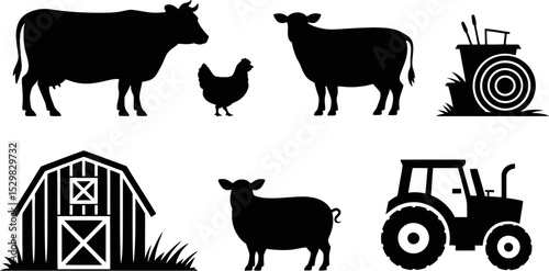 Farm animals vector illustration cow sheep chicken tractor barn hay silhouette graphic design elements editable stock vector illustration