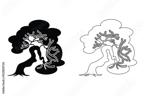 Tree silhouette art vector with line art on white background