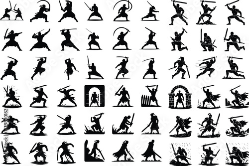 Warrior with Sword Silhouette – Battle Ready Vector Set Heroic Sword Fighter Silhouette – Epic Warrior Pose Collection