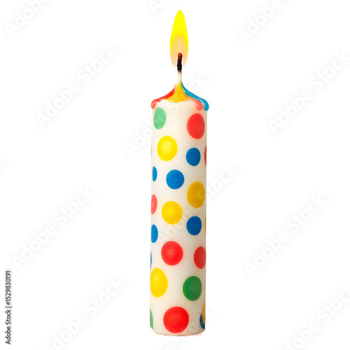 Colorful birthday candle with polka dots.
