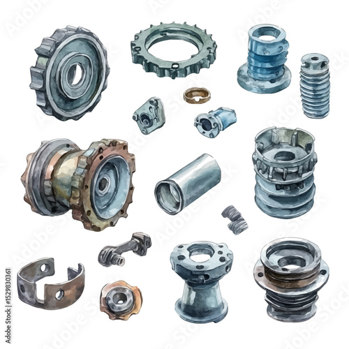 Industrial Spare Parts, watercolor illustration vector, isolated on a white background.