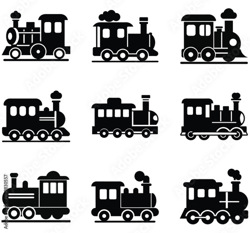 Simple Black and White Illustration of Cute Toy Trains