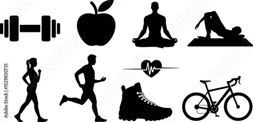 Fitness health wellness lifestyle healthy exercise workout gym sport diet activity training cardio 100 char editable stock vector illustration