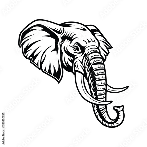 Monochrome Graphic Elephant Head Vector Illustration, Wildlife Animal Portrait, Isolated Design Element, African Savanna Theme