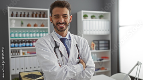 Wallpaper Mural Handsome hispanic male doctor in white coat smiling confidently with arms crossed in a modern clinic room featuring organized shelves and medical equipment Torontodigital.ca