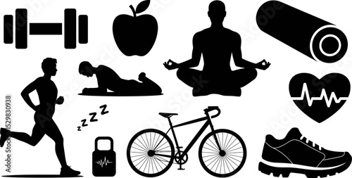 Fitness and wellness icons set vector illustration healthy lifestyle exercise sport and recreation concept editable stock vector illustration