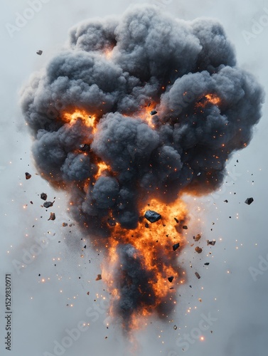 with fire, smoke, and slow-motion debris in a dramatic explosion