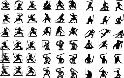 Warrior with Sword Silhouette – Battle Ready Vector Set Heroic Sword Fighter Silhouette – Epic Warrior Pose Collection