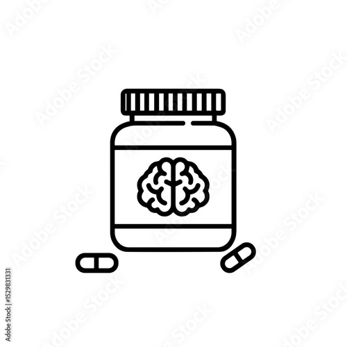 Brain health supplement jar with capsules. Nootropics in capsules. Linear icon on transparent background. Editable SVG.
