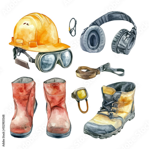 Industrial Safety Gear, watercolor illustration vector, isolated on a white background.