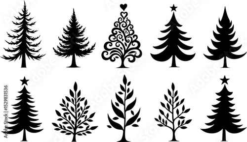 Christmas Tree Silhouette Set with Stars vector design