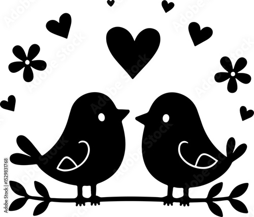Cute Love Birds on Branch with Hearts vector design