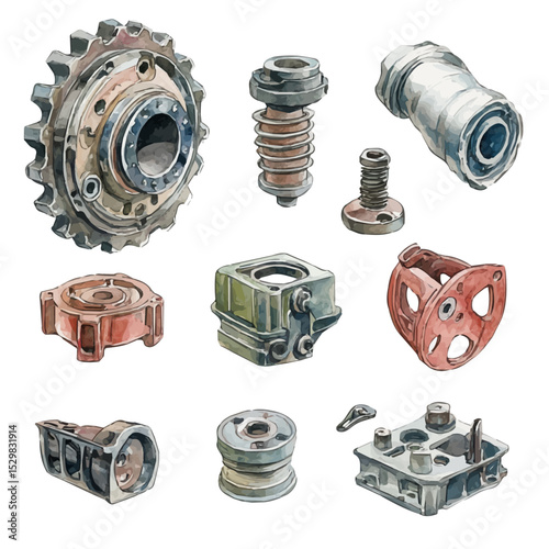 watercolor vector of Industrial Spare Parts, isolated on a white background.