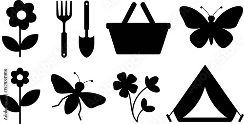 Vector graphic of camping picnic gardening icons flower butterfly tent basket shovel fork black editable stock vector illustration