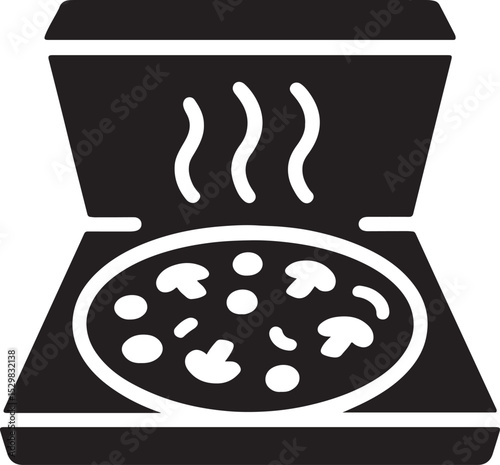 Silhouette vector of open pizza box with steam, ideal for hot food delivery, restaurant, and branding designs.