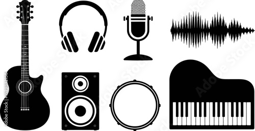 Music instruments vector illustration guitar piano microphone headphones speaker drum sound wave art editable stock vector illustration