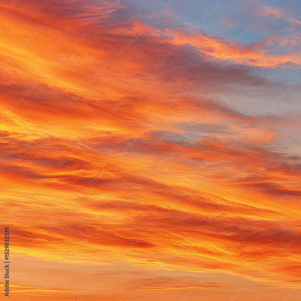 Fototapeta premium Vibrant sunset colors paint the sky with shades of orange, pink, and blue over a calm horizon during evening hours