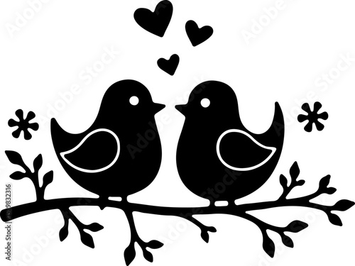 Cute Love Birds on Branch with Hearts vector design