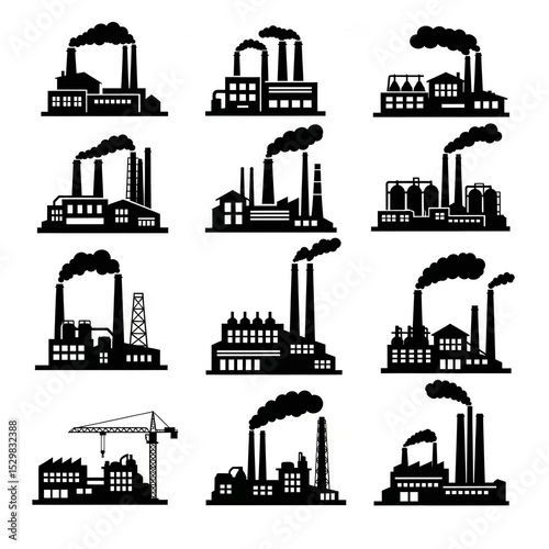 Factory, power plant industrial icons. Factory, power plant, oil refinery and oil processing plant industrial icon.