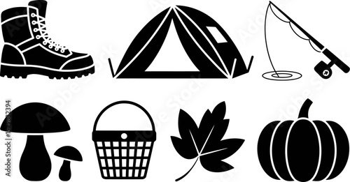 Black and white camping hiking fishing autumn harvest icons vector illustration design graphic set editable stock vector illustration