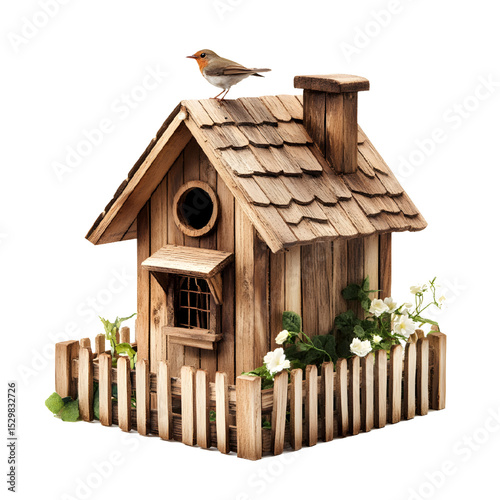 Charming Wooden Birdhouse with Robin on Top