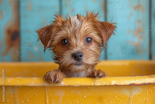 A cute, wet puppy peeks over the edge of its yellow bathtub, radiating innocence and playfulness, making it an adorable subject for pet lovers and photographers alike.