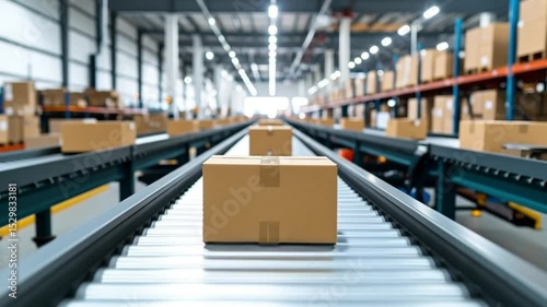 Wallpaper Mural A cardboard box moving on a conveyor belt in a warehouse representing logistics packaging delivery and automated shipping Torontodigital.ca