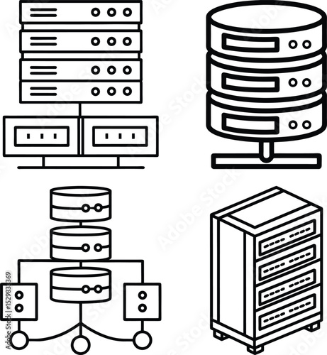 Set of Server rack icon outline isolated on a white background. Best for poster design icon sign vector sketch freehand outline hand drawn picture sketchy silhouette illustration
