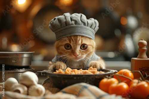 This delightful image shows an adorable cat dressed as a chef, curiously preparing pasta amidst a cozy kitchen setting, blending cuteness with a culinary theme.