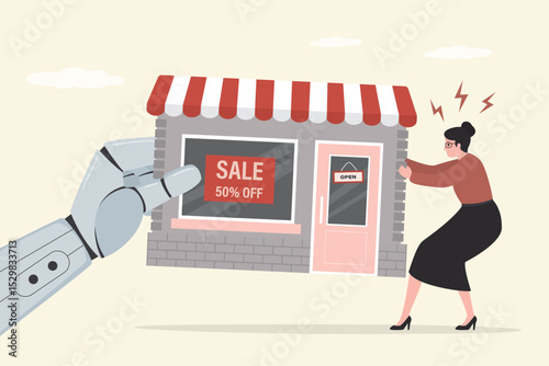 Robot arm and businesswoman pulling shop building. Chatbot and woman fight over business, territory or trademarks. Business competition between human and AI, property dispute.
