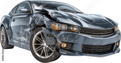 A blue car with a smashed front end