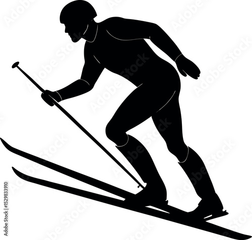 Silhouette of Man Snow Skiing Fast on White Background