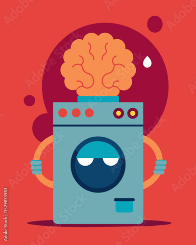 The cycle of manipulation and control embodied in a laundry appliance with a sinister brain.. Vector illustration