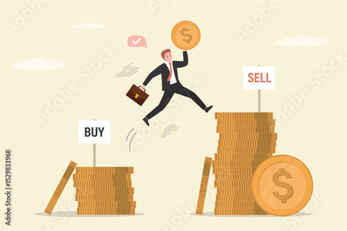Happy investor jumping on stacks of golden coins. Buy low, sell high. Extensive financial or economic growth. Profit from the stock market or investment. Financial literacy.