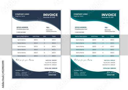 Minimal Corporate Business Invoice design template vector illustration bill form price invoice. Creative invoice template vector. business stationery design payment agreement design	