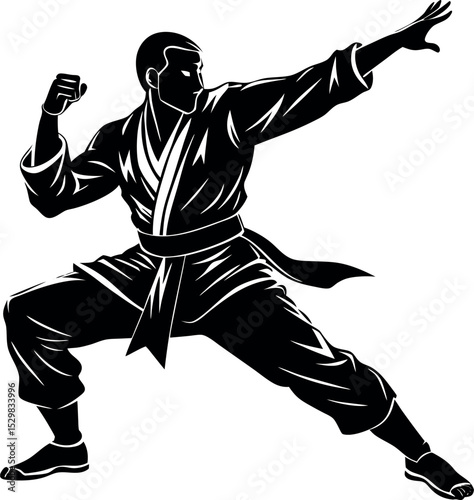 Silhouette of Martial Artist in Action on White Background