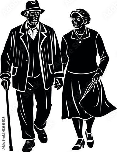 Silhouette of Elderly Couple Walking on White Background