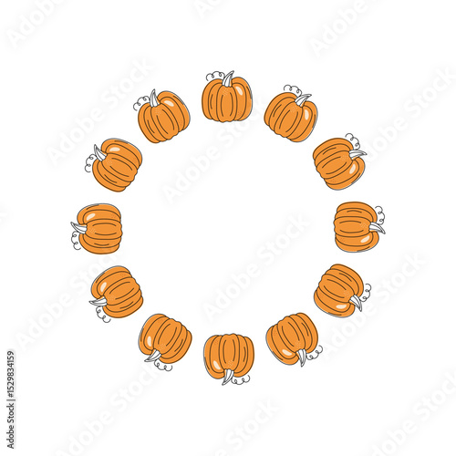 Pumpkin, frame, vegetable harvest. Harvest festival, Halloween. Banner, poster, space for text. Drawing, doodle. Diet vegetarian natural food, white isolated background.