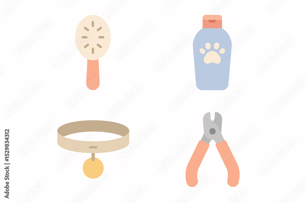 A flat illustration of pet grooming tools including a brush shampoo collar and nail clippers on white A flat illustration of pet grooming tools including a brush shampoo collar and nail clippers on white