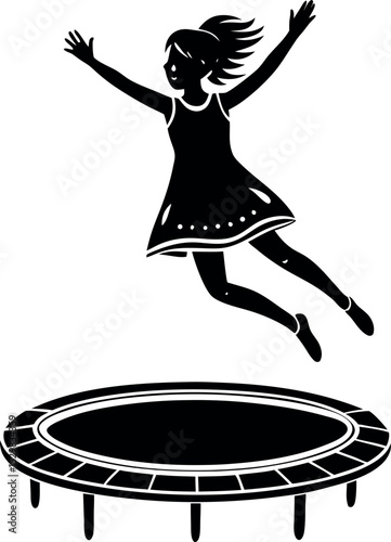 Silhouette of Girl Jumping on Trampoline on White Background