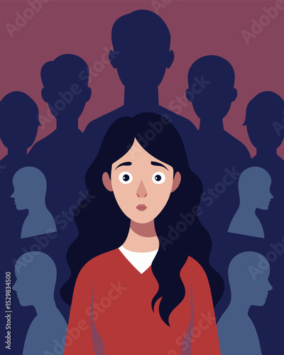 Unable to shake off the feeling of being constantly watched she turns around only to find no one there yet the eyes still seem to follow her.. Vector illustration