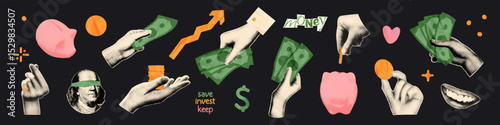 Money and finance concept trendy halftone art collage cut outs set. Hands holding dollar bills, golden coins, piggy bank, rising arrow, cash. Modern retro vector illustration for mixed media design