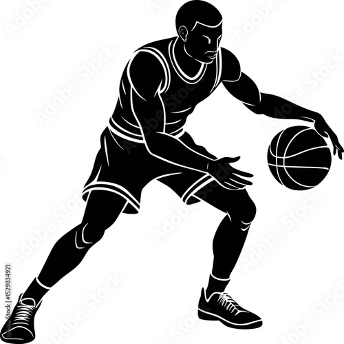 Silhouette of Man Dribbling Basketball on White Background