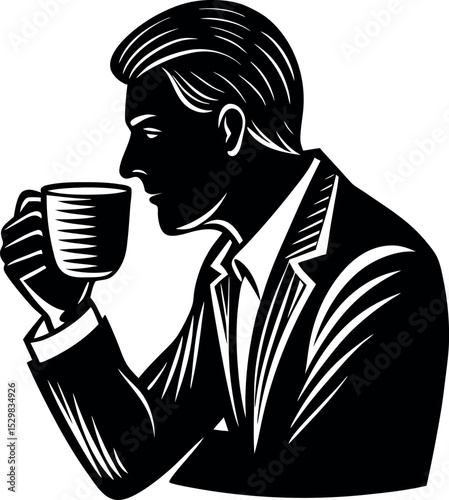 Silhouette of Man Drinking Coffee Relaxed on White Background