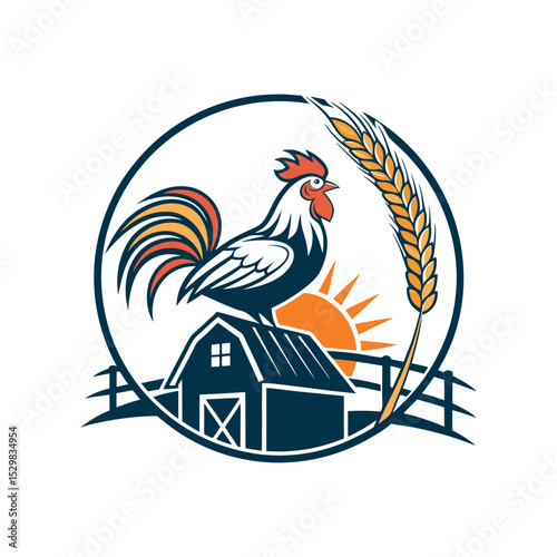 Vibrant Farm Logo Design Featuring a Rooster on a Barn with Wheat and Sun in a Circular Frame for Agricultural Business