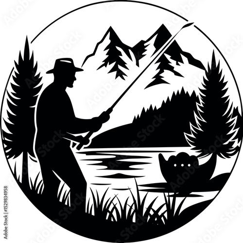 Silhouette of Man Fishing at Lake on White Background