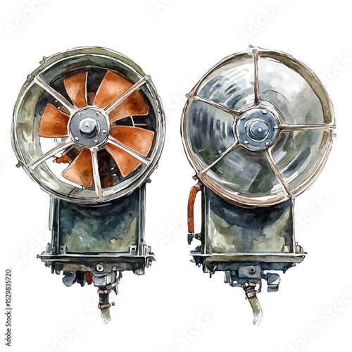 Industrial Fans, watercolor vector, isolated on a white background.