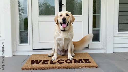 Happy labrador retriever sitting on welcome mat.Golden labrador retriever waiting and welcoming guests